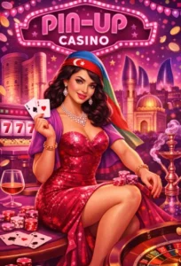 Pin-Up Casino Azərbaycan mövzusunda çəhrayı tonlarda kazino illüstrasiyası, kartlar və rulet masası ilə